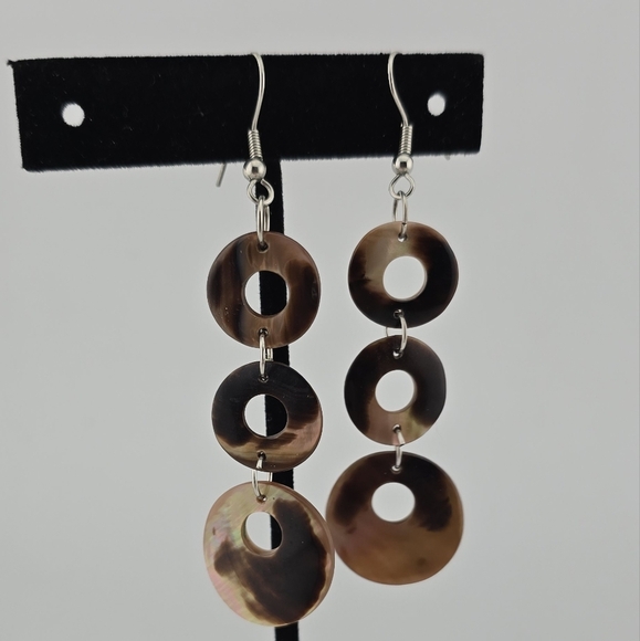 Iridescent Shell Dangle Earrings 3" Drop Triple Disc Boho Beach Jewelry Gift - Picture 4 of 10